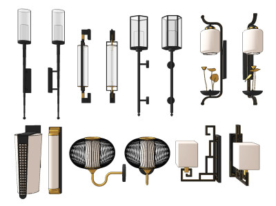 新中式金属灯笼壁灯su草图模型下载