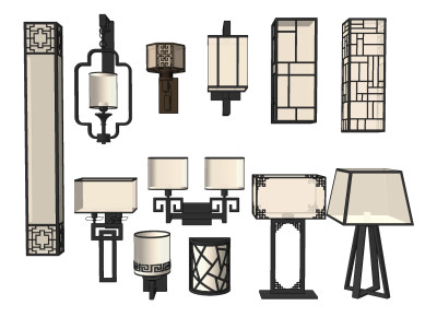新中式壁灯，落地灯su草图模型下载