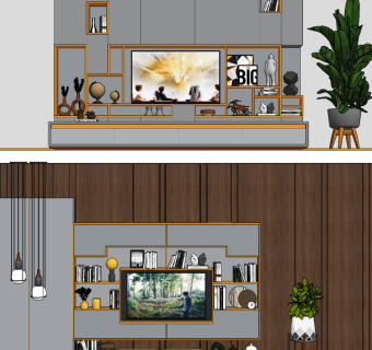 现代电视背景墙su草图模型下载