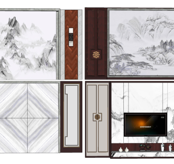 新中式电视背景墙su草图模型下载