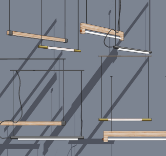 现代实木办公长条，条形吊灯su草图模型下载