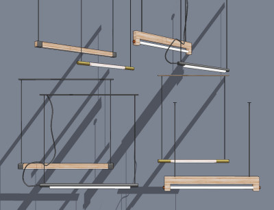 现代实木办公长条，条形吊灯su草图模型下载