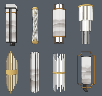 现代新中式轻奢金属水晶壁灯组合su草图模型下载
