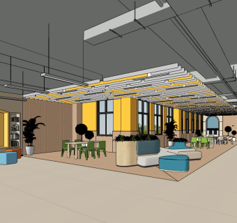 现代学校走廊,休闲休息沙发区su草图模型下载