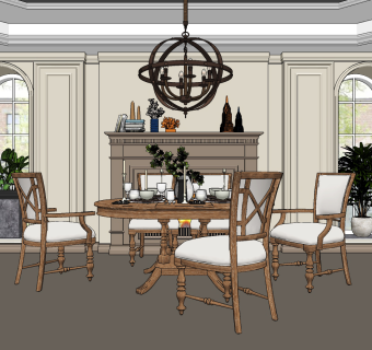 美式简约餐厅圆形餐桌椅su草图模型下载