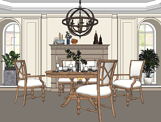 美式简约餐厅圆形餐桌椅su草图模型下载