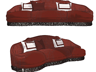 美式红色绒布多人沙发su草图模型下载