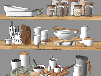 现代厨房用品，调味品，干货，茶杯，茶壶su草图模型下载