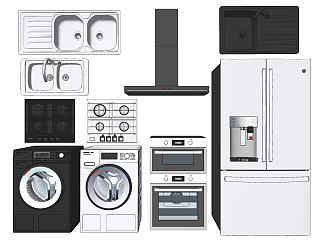 现代<em>冰箱</em>，煤汽灶，滚筒洗衣机，家用电器组合su草图...