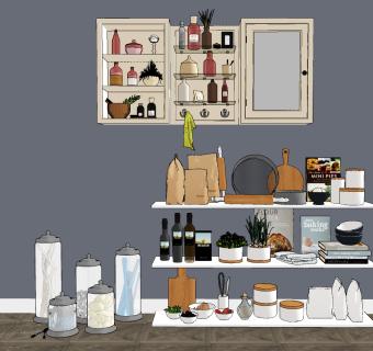 北欧厨房用品，橱柜，调料瓶罐su草图模型下载