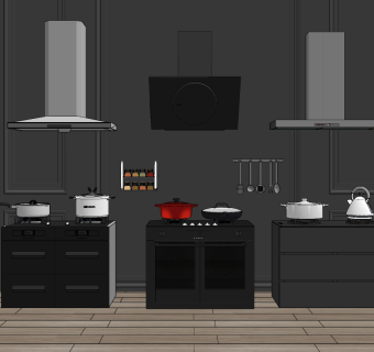现代厨房侧吸直吸油烟油烟机，集成炉灶，厨房用品su草图模型下载