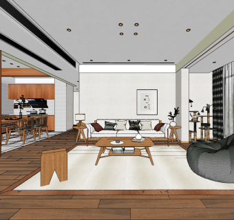 日式客厅餐厅卧室，su草图模型下载