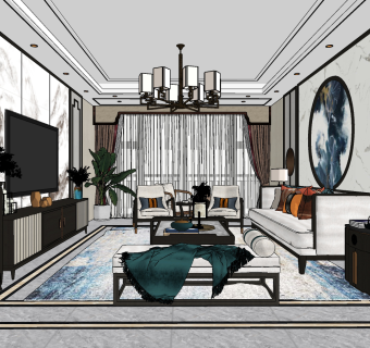 新中式客厅，su草图模型下载