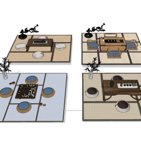 新中式榻榻米茶桌椅su草图模型下载