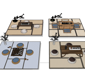 新中式榻榻米茶桌椅su草图模型下载
