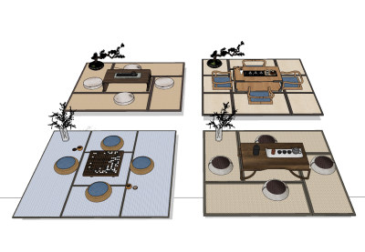 新中式榻榻米茶桌椅su草图模型下载