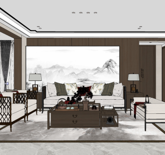 新中式轻奢客厅su草图模型下载