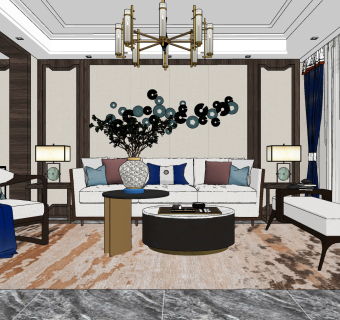 新中式简约客厅su草图模型下载