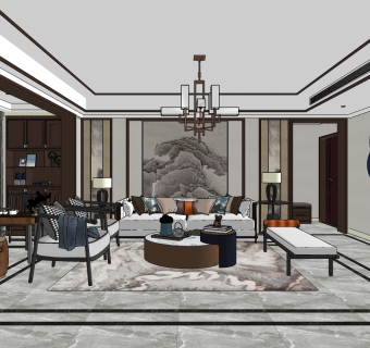 新中式轻奢客厅su草图模型下载