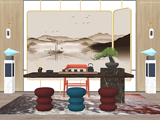 新中式实木茶桌椅su草图模型下载
