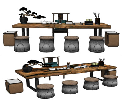 新中式实木茶桌椅,su草图模型下载