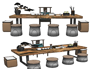 新中式实木茶桌椅,su草图模型下载