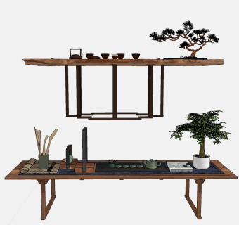 新中式实木茶桌，长条案画案,组合su草图模型下载