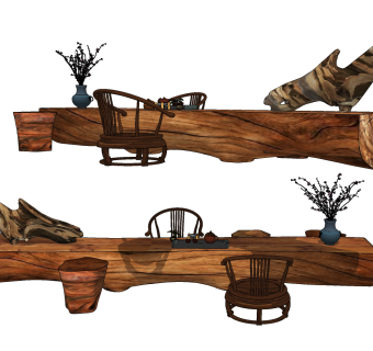 中式根雕，木桩子木墩子，茶桌椅su草图模型下载
