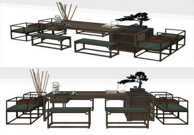 新中式茶桌椅su草图模型下载