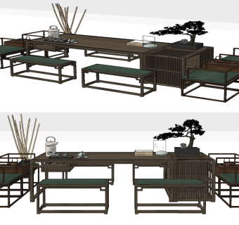 新中式茶桌椅su草图模型下载
