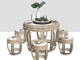 新中式古典实木茶座茶凳茶具组合su草图模型下载