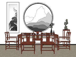 <em>新中式茶桌椅</em>组合,su草图模型下载