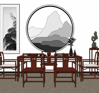 新中式茶桌椅组合,su草图模型下载