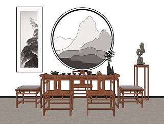 新中式茶桌<em>椅组合</em>su草图模型下载