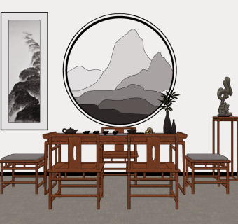 新中式茶桌椅组合su草图模型下载