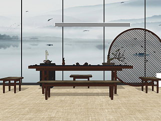 新中式<em>茶桌椅</em>组合,su草图模型下载