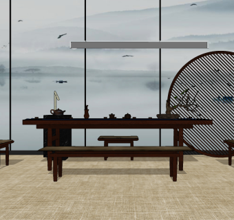 新中式茶桌椅组合,su草图模型下载