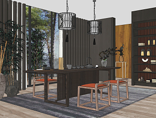 新中式茶室茶桌椅su草图模型下载