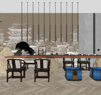 新中式长条形茶桌椅su草图模型下载