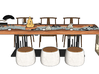 新中式禅意流水茶台茶桌椅su草图模型下载