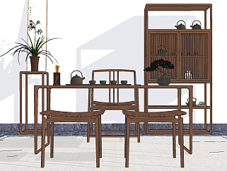 新中式<em>古典</em>实木，明式茶桌椅,su草图模型下载