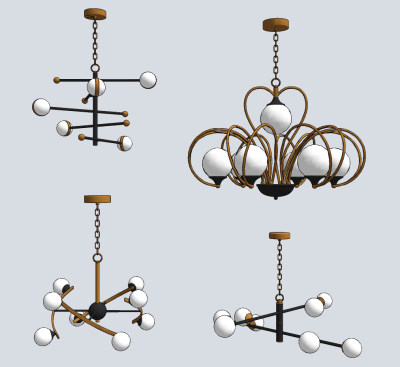 北欧球形金属多头吊灯su草图模型下载