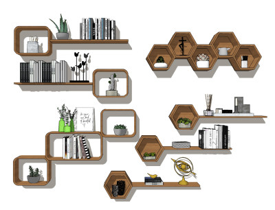 现代书架壁柜su草图模型下载