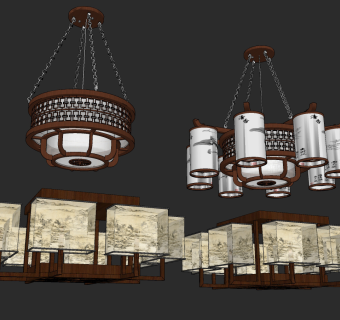 新中式轻奢多头吊灯，吸顶灯su草图模型下载