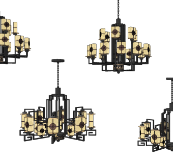 新中式金属铁艺多头吊灯su草图模型下载