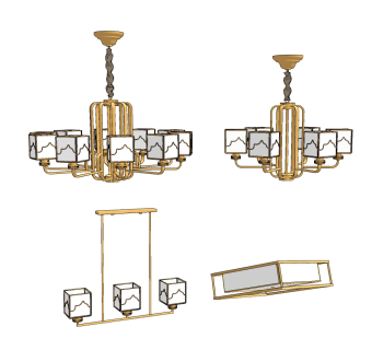 新中式轻奢金属铁艺多头吊灯吸顶灯组合su草图模型下载