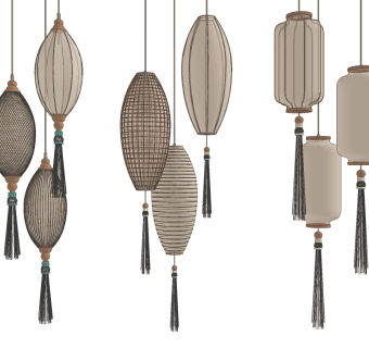 新中式流苏小灯笼吊灯su草图模型下载