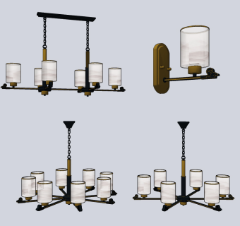 新中式金属多头吊灯，壁灯su草图模型下载