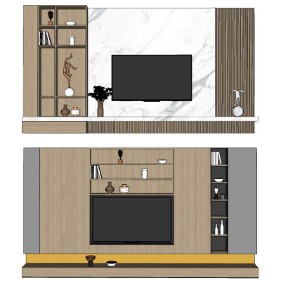 现代电视背景墙su草图模型下载