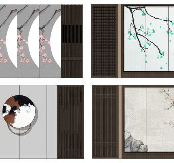 新中式轻奢背景墙su草图模型下载
